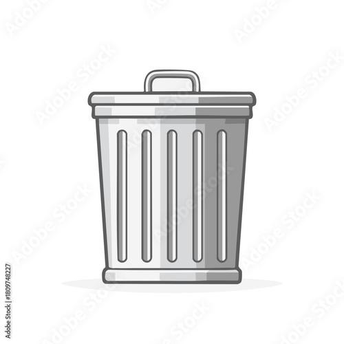 Gray cartoon trash can icon with lid and handle, flat vector illustration