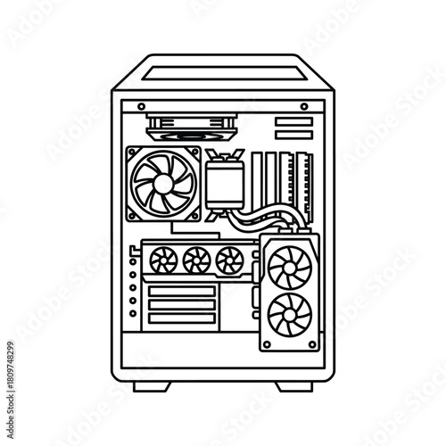 Line art illustration of an open computer tower showing internal components like fans, motherboard, and graphics card