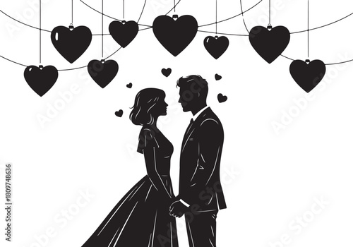 Romantic couple silhouette with hanging hearts illustration perfect for wedding designs