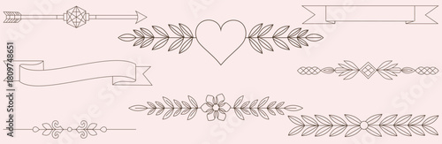 Collection of decorative elements including arrows banners hearts and floral designs on pink background