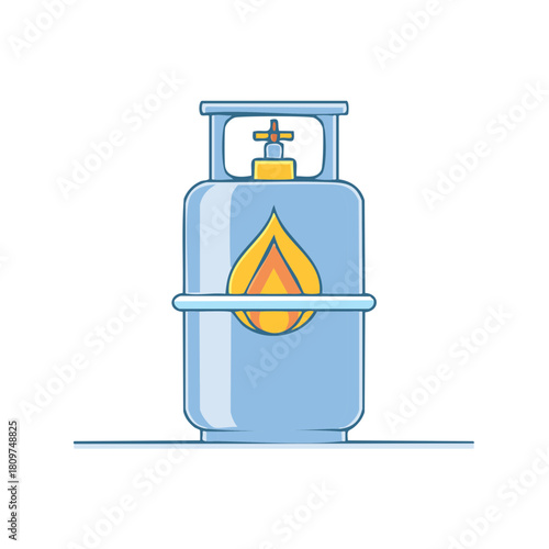 Blue propane gas cylinder with flame symbol icon. Vector illustration for fuel, energy, and cooking gas supply.