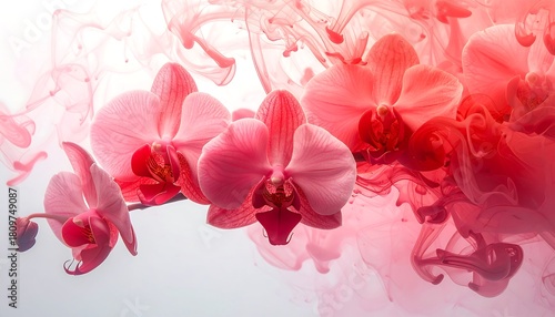 Soft pink orchids are intertwined with gentle streams of swirling, smoky pink pigment against a white backdrop