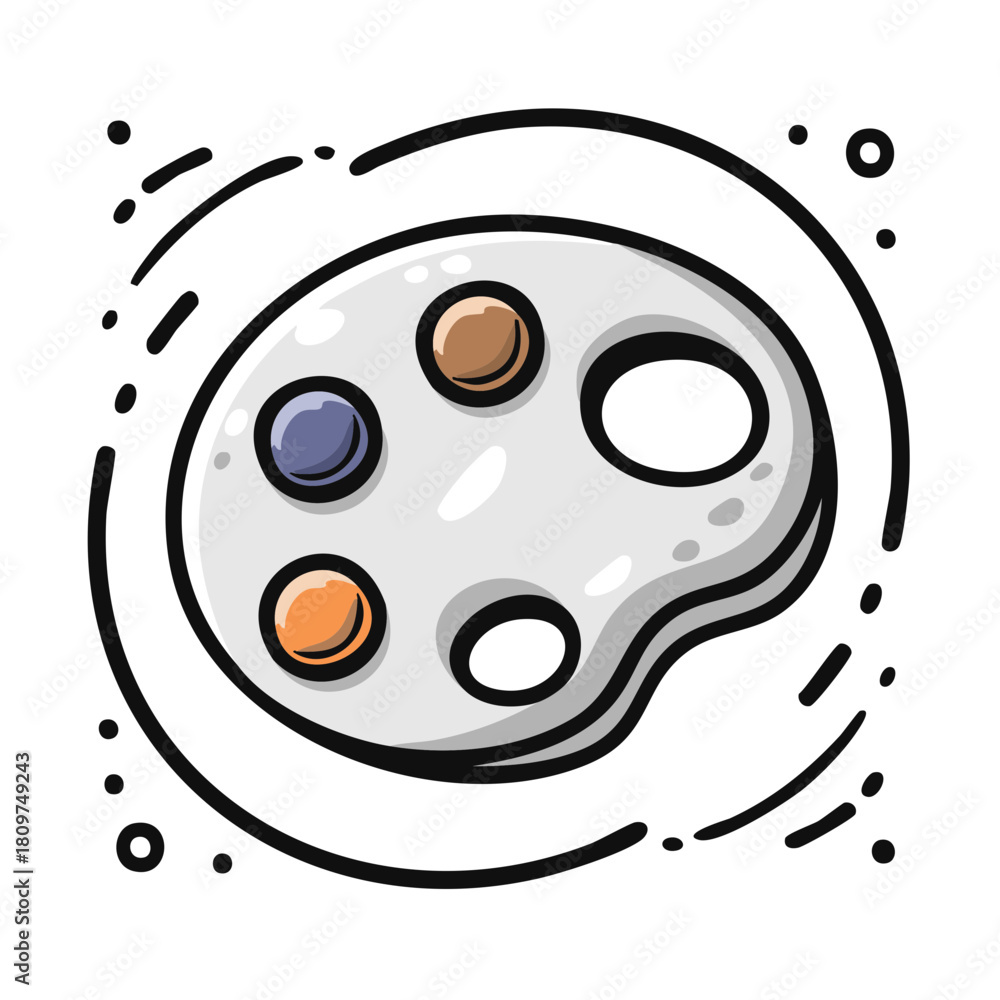 Obraz premium Cartoon illustration of a color palette with paint wells and vibrant paint colors, artistic element.