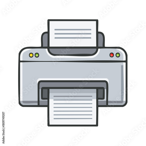 Cartoon style document printer with printing paper in stack, flat design technology illustration