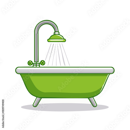 Green clawfoot bathtub with a running shower stream in a clean illustration style
