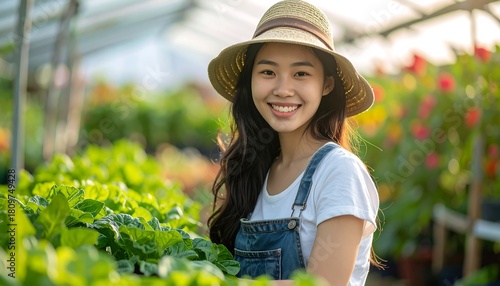 Smiling woman in hat and overalls in a greenhouse surrounded by green leafy plants and red flowers