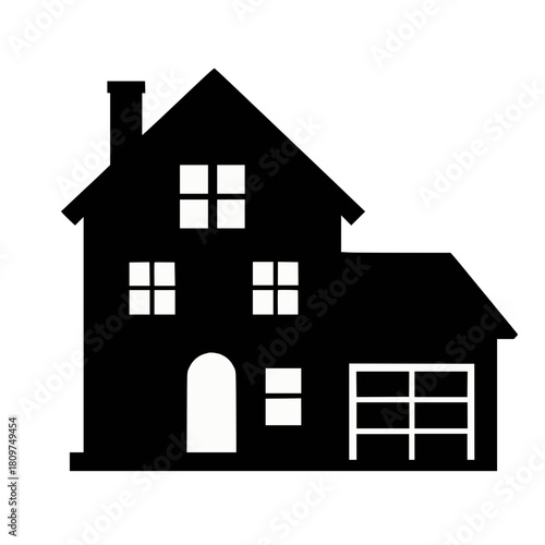 Black silhouette of a multi-level home with chimney and garage, isolated on white background
