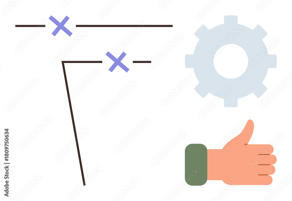 Obraz premium Cross marks on lines with a gear and a thumbs-up symbolizing strategy, problem-solving, teamwork, planning, innovation, feedback, and success. Ideal for guidance, decision-making collaboration