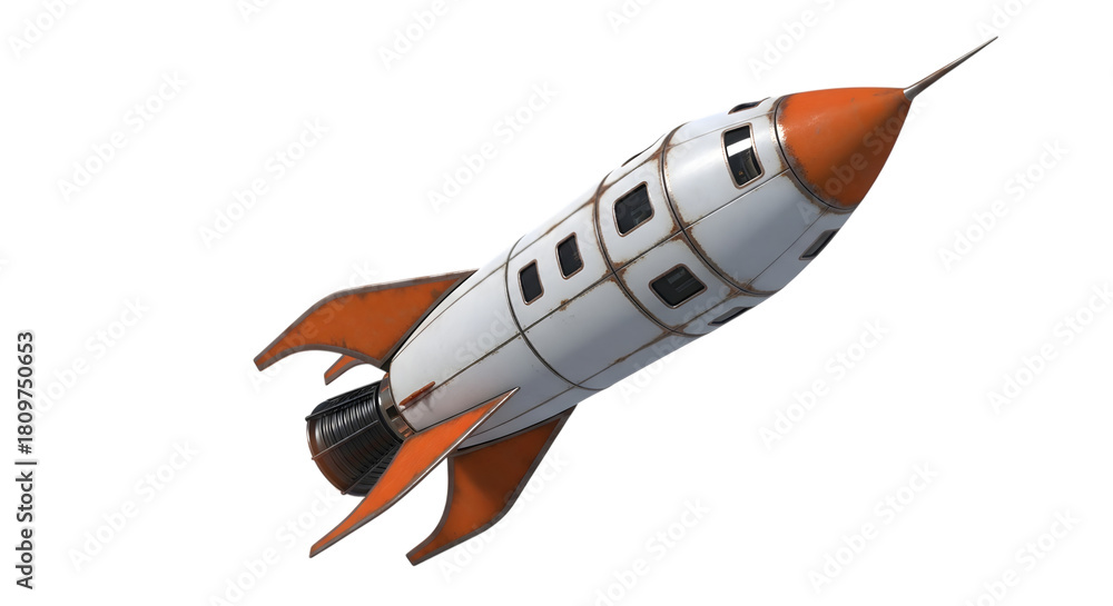 Fototapeta premium Retro white and orange rocket ship with metallic details and windows isolated on a transparent background