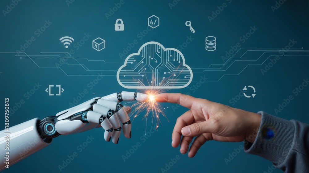 custom made wallpaper toronto digitalRobotic and human fingers meet above a glowing digital cloud network interface