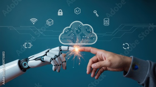 Wallpaper Mural Robotic and human fingers meet above a glowing digital cloud network interface Torontodigital.ca