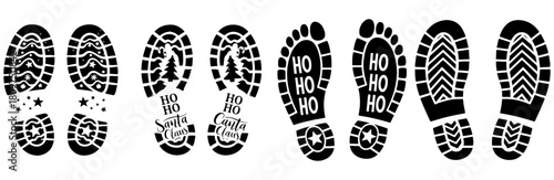 Collection of black santa claus footprints with christmas designs and ho ho ho text on white background