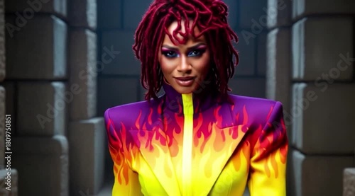 Retrato Futurista de Mulher com Visual Flamejante e Maquiagem Vibrante