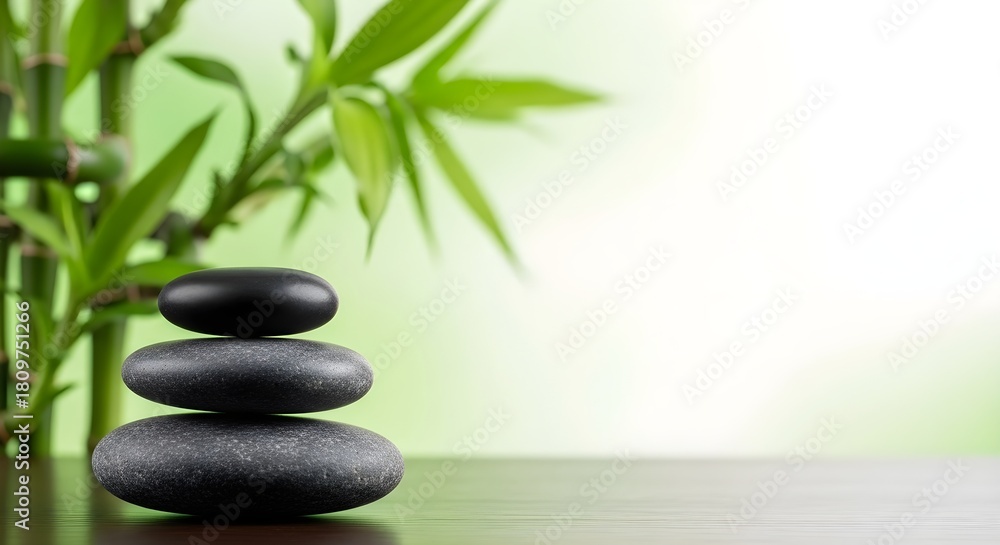 Obraz premium Zen stones stacked with bamboo for relaxation and wellness background