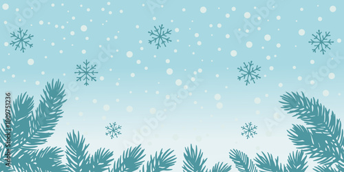 Winter scene with snowflakes falling and evergreen branches on a light blue gradient background