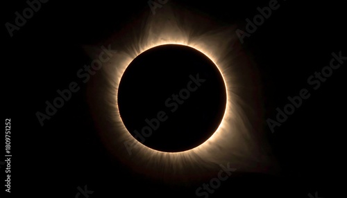 Solar eclipse with corona glows around a black moon shape, radiating bright light against the dark sky