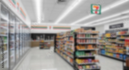 Blurred interior of a modern supermarket or convenience store aisle, with shelves full of products. Suitable for retail, shopping, or promotional background designs.