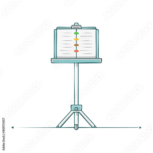 Music stand illustration displaying colorful vertical chart with levels progress. Band scores paper on easel.