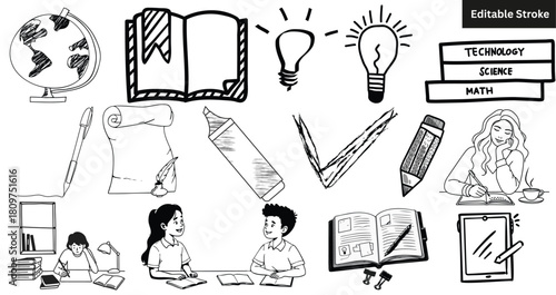 Set of 15 hand-drawn school and education icons. Doodle backpack, book, and bus vector illustration.