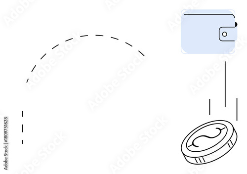 Coin dropping into a wallet with dashed lines indicating movement. Ideal for finance, savings, e-commerce, digital payments, budgeting, fintech, and online banking. Simple flat metaphor