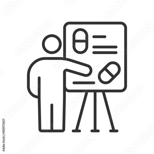 Clinical training icon in line design. clinical training, drug presentation, study explanation, medical teaching, trial instruction on white background vector. Clinical training editable stroke icon