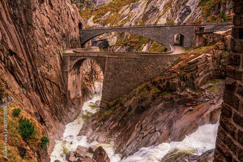 View of the Devil's Bridge in the Alps near Andermatt in Switzerland.