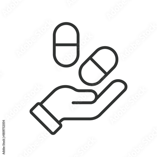 Medication supply icon in line design. medication supply, pill handover, drug distribution, clinical dose on white background vector. Medication supply editable stroke icon