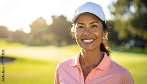 Smiling woman in white cap stands on a green golf course bathed in sunshine, showcasing joy and active lifestyle
