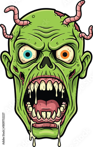 Grotesque zombie head vector illustration, cartoon horror character with worms, bulging eyes, dripping drool, scary Halloween monster art, creepy undead design
