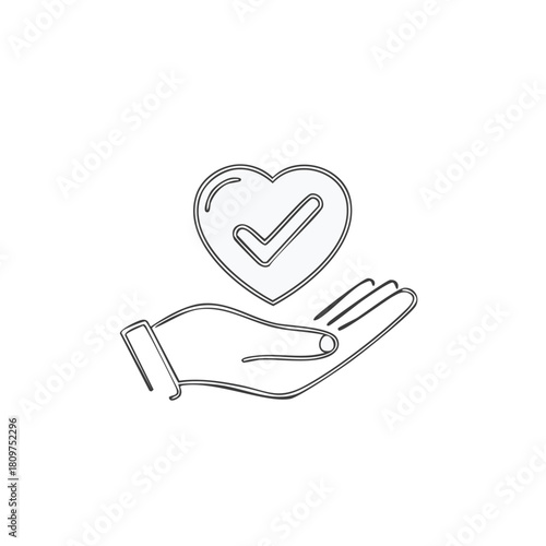 Hand Holding Heart With Check Mark Icon for Approval or Care Concept