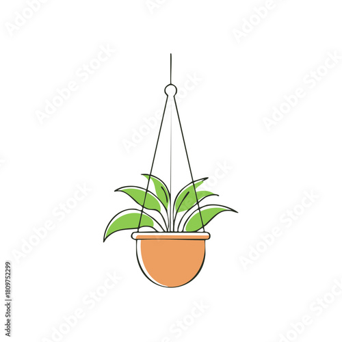 Simple hand drawn hanging potted plant with green leaves in a brown container