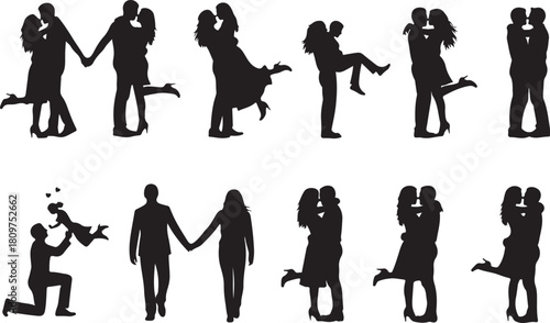 Silhouette Illustration of Romantic Couples in Various Poses Relationship and Love
