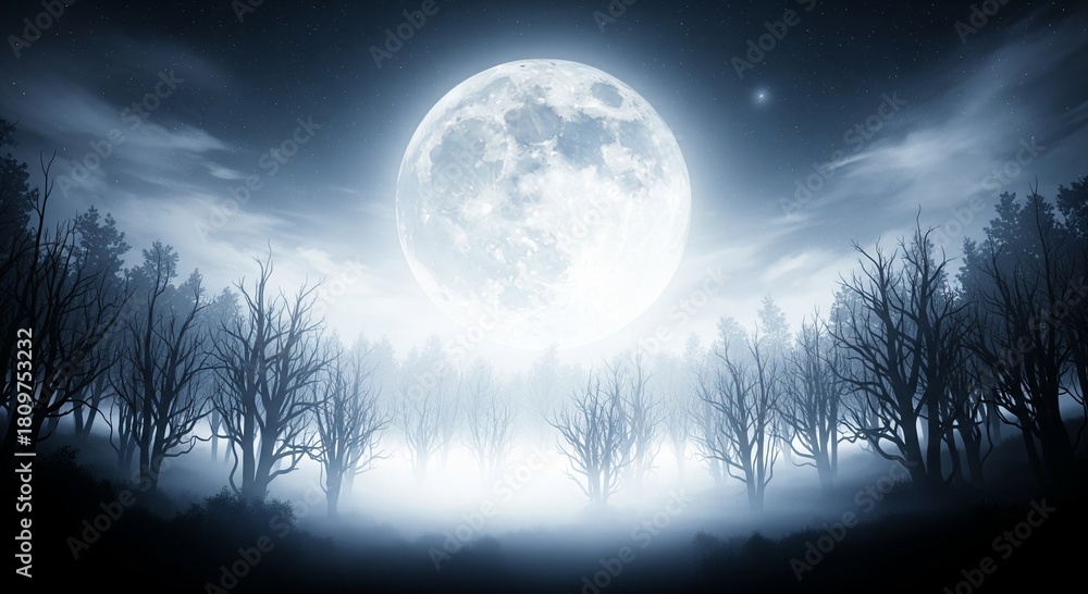 Fototapeta premium Eerie full moon over foggy forest with bare tree silhouette