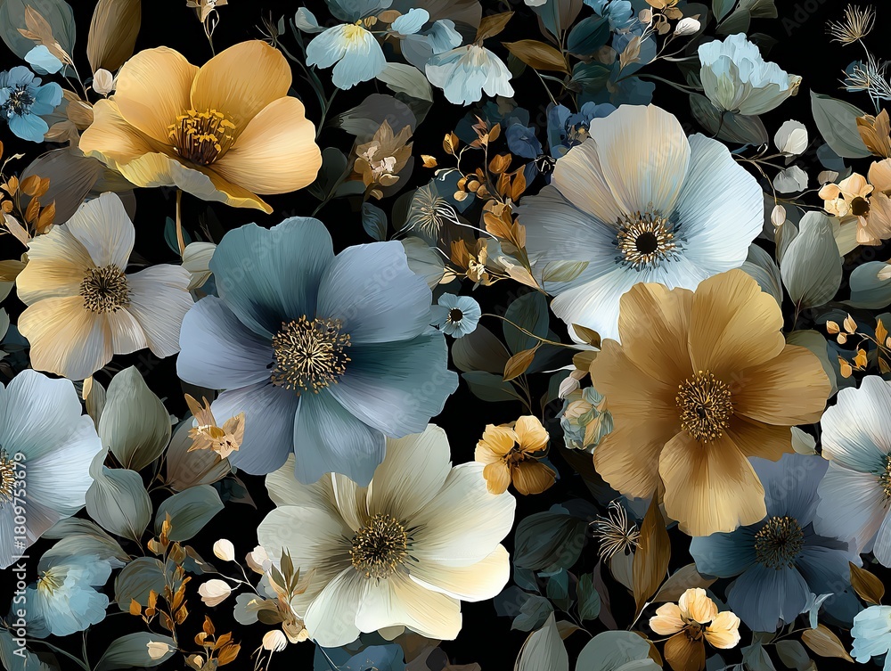 Fototapeta premium Chic and elegant seamless pattern with anemones and buttercups on vintage dark background