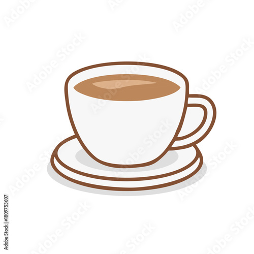 Stylized white ceramic cup of coffee with saucer and brown outline illustration