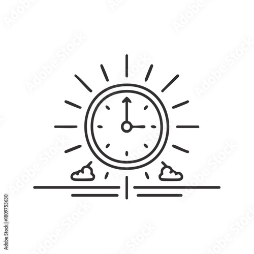 Outline clock with sunrise rays and clouds symbolizing a new day or morning