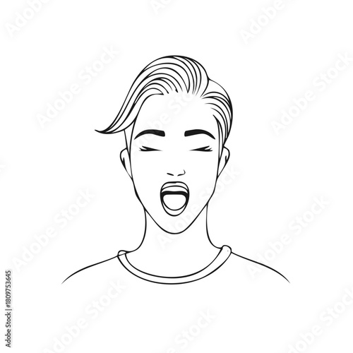 Stylized illustration of a person yawning with closed eyes and open mouth wide