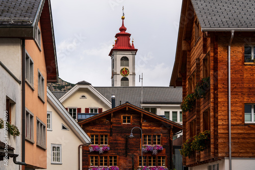 View of the old wooden houses in Andermatt, Switzerland.