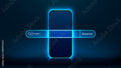 Generative bar and smartphone on futuristic background. Search engine, AI assistant. Concept of Artificial Intelligence. Input prompt as commands for search and analysis by AI. Vector illustration.
