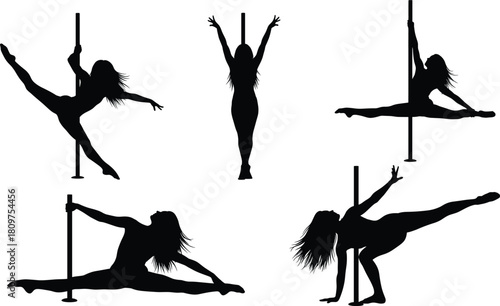 Pole dance silhouette, fitness vector illustration, black figure artwork, athletic body pose, performance motion design, stylish shape, flexibility concept