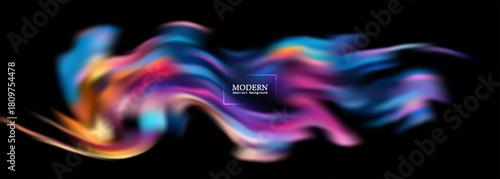 Vibrant neon swirl flowing across a black background, featuring smooth, colorful streaks of blue, pink, purple, and orange.