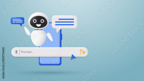 3D robotic with a message bubble and a smartphone on futuristic background. Generative bar and AI assistant. Artificial Intelligence. Chatbot technology and support assistance. Vector illustration.