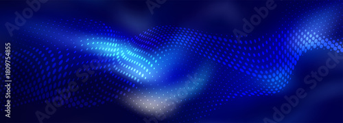 Abstract Blue Digital Wave: Futuristic Technology Background with Neon Dots and Flowing Light