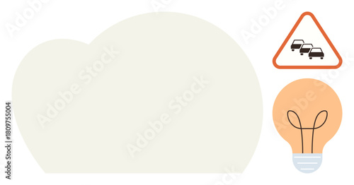 Red traffic congestion warning sign paired with lightbulb symbolizing creative solutions. Ideal for traffic safety, innovation, brainstorming, urban planning, transportation, safety awareness, simple