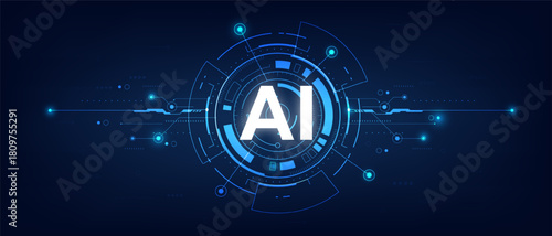 Future cybernetic artificial intelligence. AI text on the HUD frame and electronic element. Deep learning, machine learning and innovation concept. Blue technology background. Vector illustration.