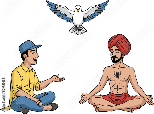 Modern man talking, traditional sage meditating, white dove flying above, symbolizing peace, mindfulness, cultural harmony, spiritual wisdom, and generational contrast in lifestyle.