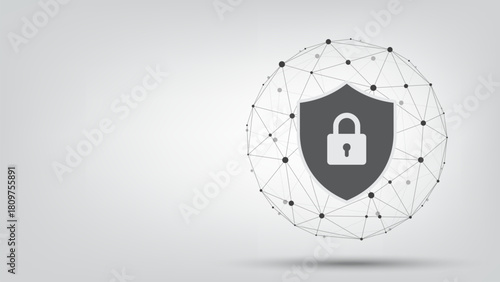Padlock on protection shield with wireframe sphere on a white background. Cybersecurity and data network protection concept. Secure technology and personal data security. Vector illustration.