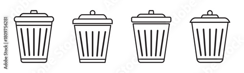 Set of trash bin icons including waste disposal, littering symbols, and recycle logos. Ideal for environment, waste management, and eco awareness designs. Icons, vector.
