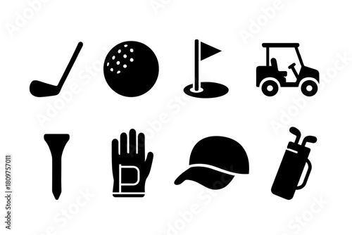 Golf equipment silhouette set with clubs, balls, and cart in simple black icons