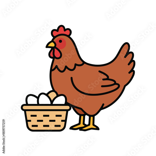 Cartoon Hen with Basket of Eggs  Farm Chicken Illustration